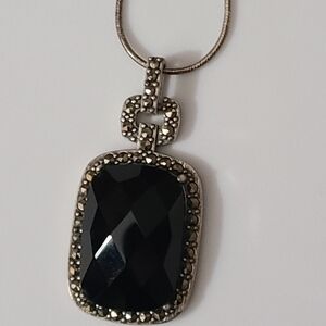 925 Onyx Necklace Marcasite Sterling Silver Pendant Snake Chain Italy Vintage